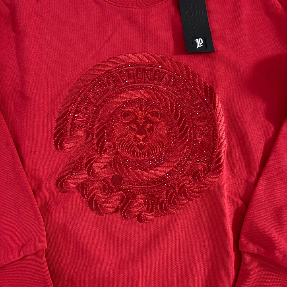 Red Crewneck Sweater with Embroidered Textured Lion Emblem